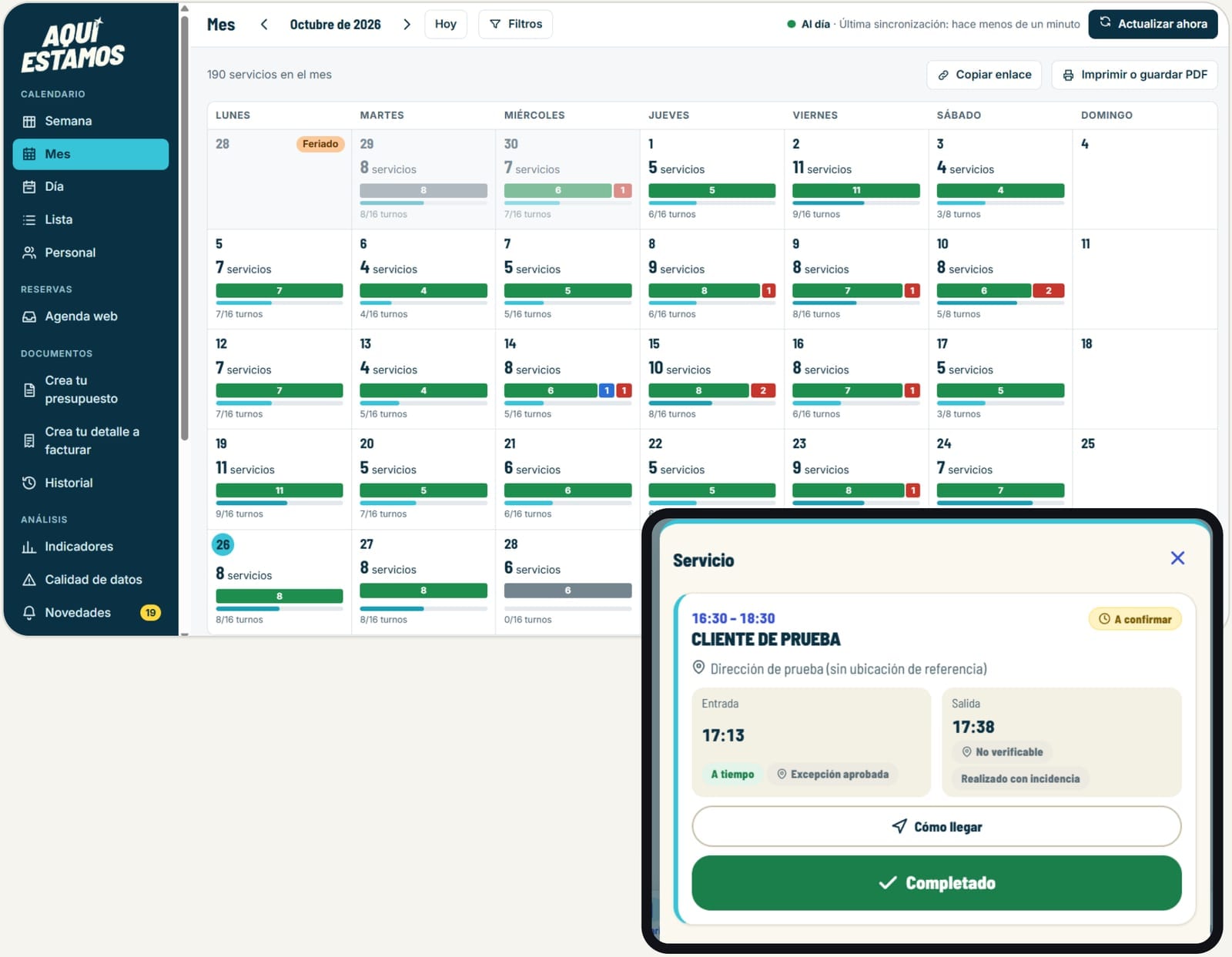 Calendario operativo de Aquí Estamos con los servicios del mes y el detalle de marcación de un servicio