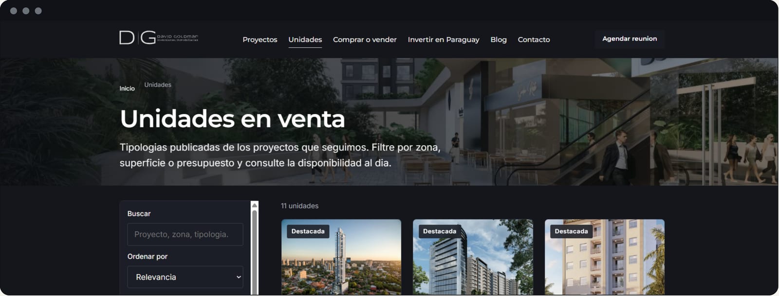 Página de unidades en venta de la web de Goldman Inversiones, con buscador y tarjetas de proyectos
